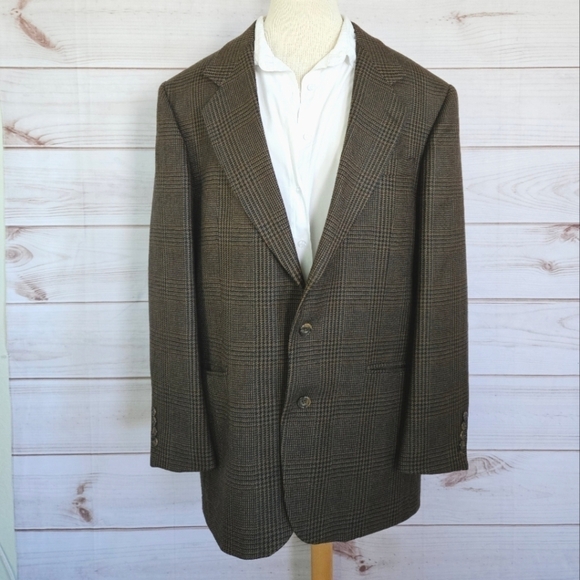 Oscar de la Renta Vintage Wool Houndstooth Blazer Button Down in Brown Size 43L - Picture 2 of 14